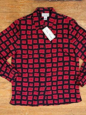 Vintage Abstract Plaid Print Blouse Size Medium/Large Roll Tab Sleeves Shirt Top